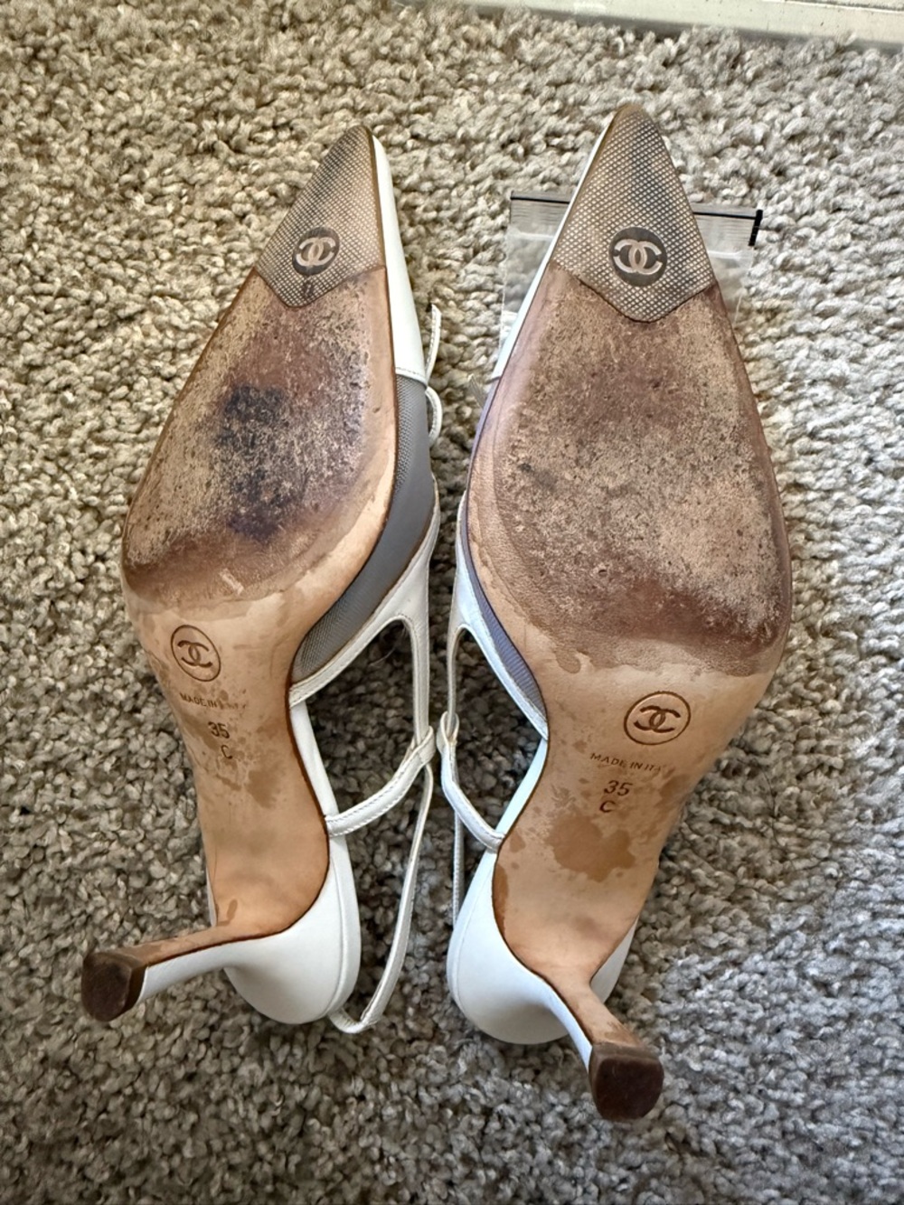 Rare Vintage Chanel white leather CC pointed cap toe slingback heels EU 35C - Picture 6 of 7